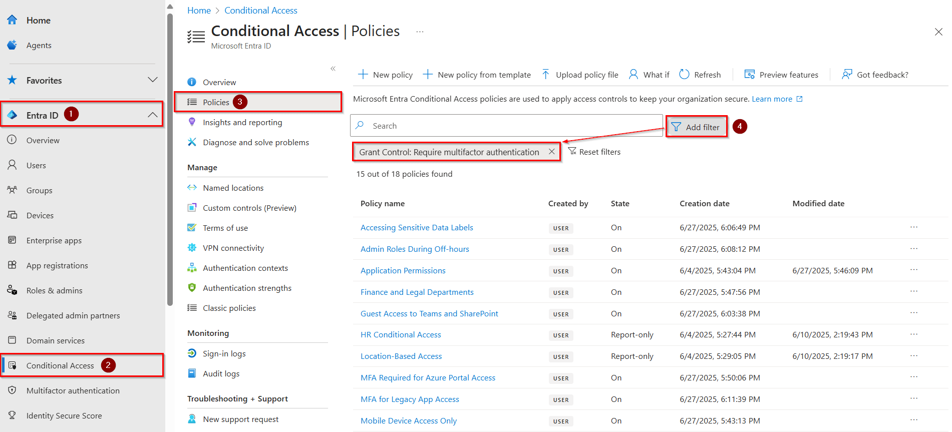Identify MFA-Enabled CA Policies Using Entra Admin Center
